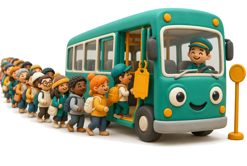 Ilustração: uma fila animada de pessoas embarcando num ônibus com um único bilhete pendurado na porta
