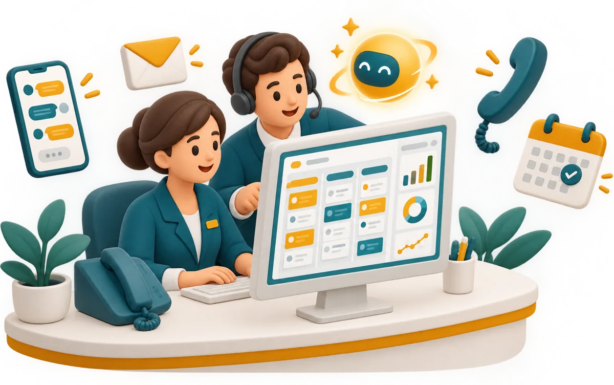 Equipe de clínica atendendo por WhatsApp, telefone e e-mail com o CRM H8 e a IA ao lado