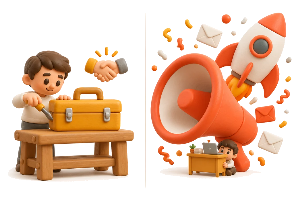 Ilustração: de um lado uma caixa de ferramentas simples para fechar negócio; do outro, um megafone gigante com uma mesinha de vendas embaixo