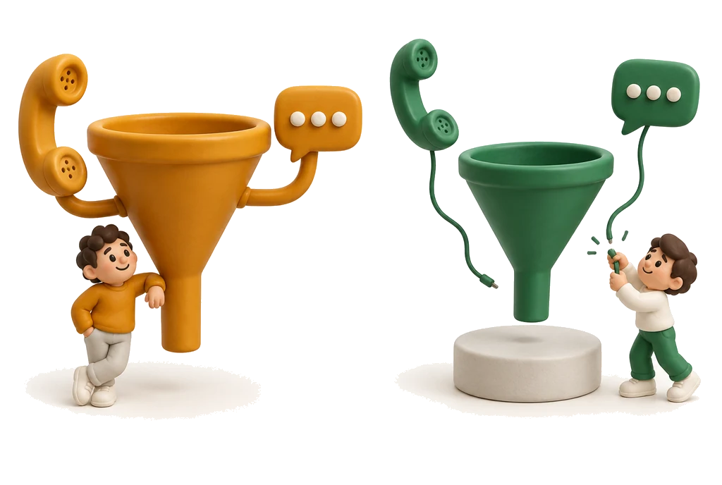 Ilustração: de um lado um funil com telefone e conversa ligados nele; do outro, um funil sozinho com os canais soltos, ligados por cabos que não alcançam
