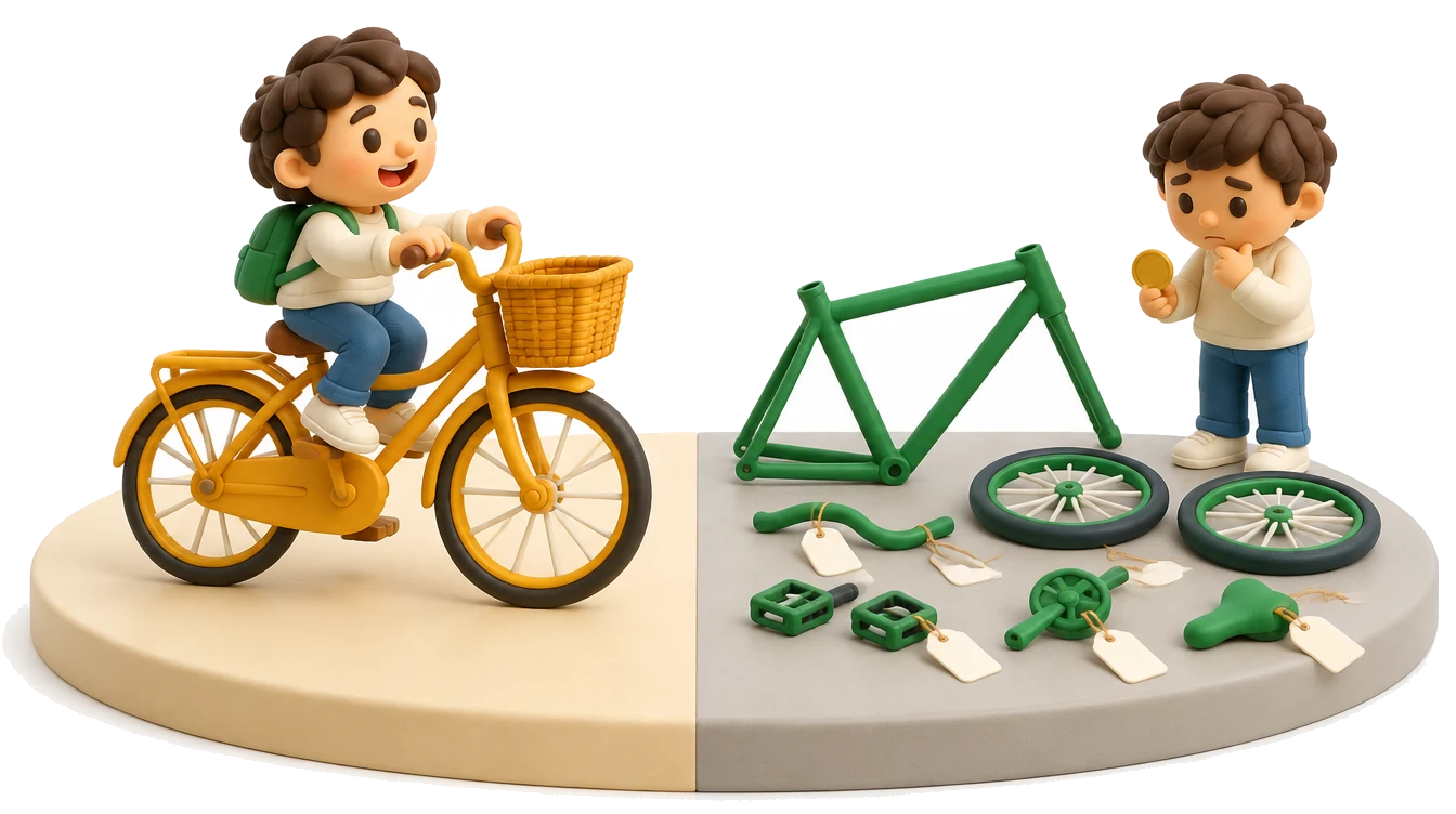 Ilustração: de um lado uma bicicleta completa e pronta para andar; do outro, um quadro de bicicleta sozinho, com rodas, pedais e guidão à venda separadamente, cada peça com etiqueta de preço