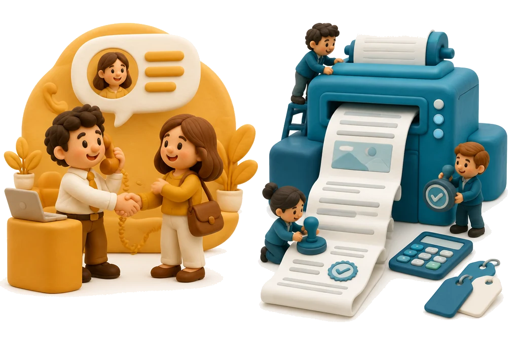 Ilustração: de um lado uma conversa fechando negócio; do outro, uma máquina imprimindo uma proposta longa, com carimbos de aprovação e calculadora