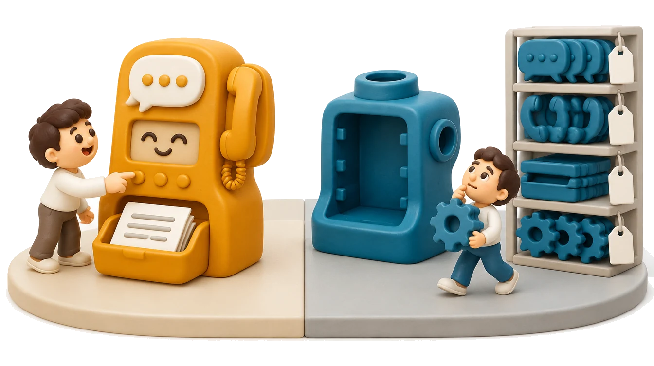 Ilustração: de um lado uma máquina completa com conversa, telefone e documentos no mesmo corpo; do outro, um núcleo sem peças ao lado de uma prateleira de engrenagens etiquetadas
