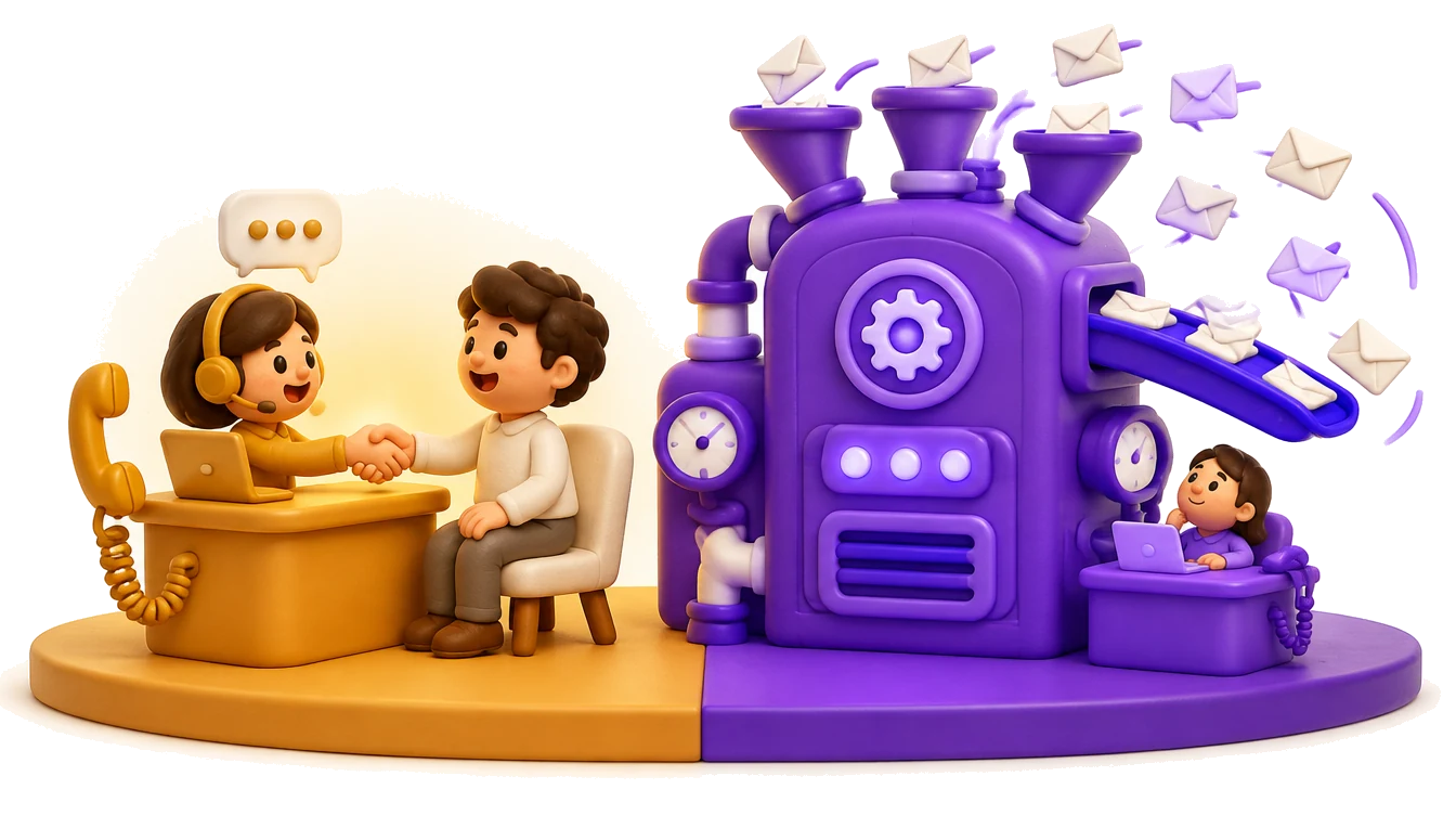 Ilustração: de um lado uma venda acontecendo com telefone e conversa ligados à mesa; do outro, uma grande máquina de marketing com uma mesinha de vendas acoplada na lateral
