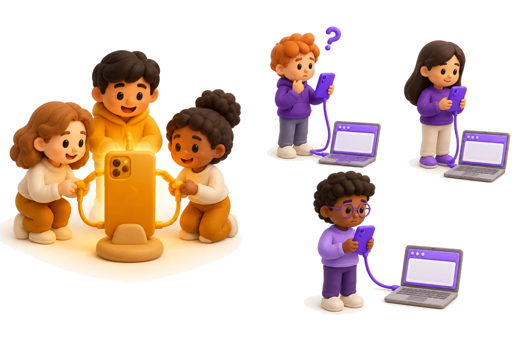Ilustração: de um lado três atendentes ligados ao mesmo aparelho; do outro, três pessoas separadas, cada uma com o próprio celular preso a um navegador