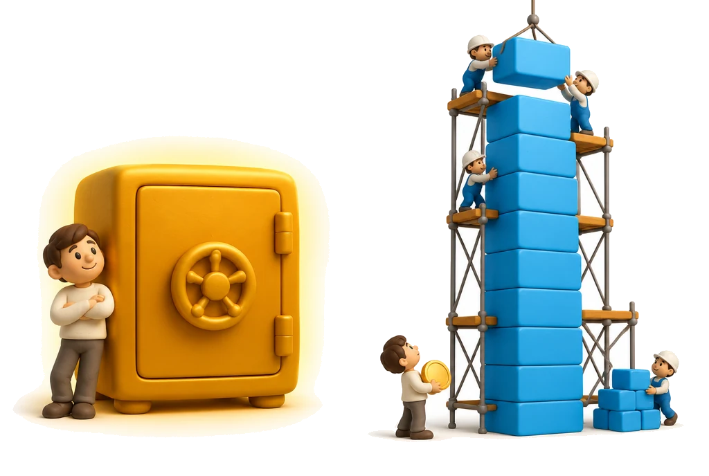 Ilustração: de um lado uma casa pequena e pronta; do outro, um castelo grande ainda em obras