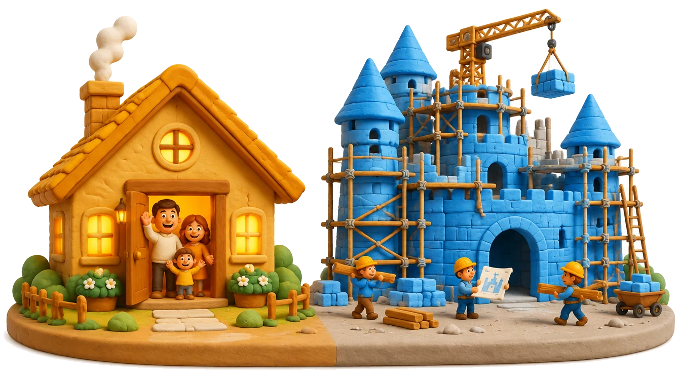 Ilustração: de um lado uma casa pequena e pronta para morar; do outro, um castelo grande ainda coberto de andaimes, com operários trabalhando