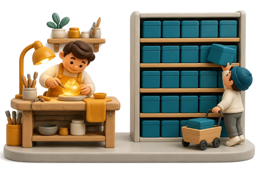 Ilustração: de um lado um artesão moldando uma peça sob medida; do outro, uma prateleira de caixas todas iguais